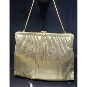 Delicate GOLD Satin Handbag Harry Levine USA Crystal Clasp Clutch w/ Coin Purse